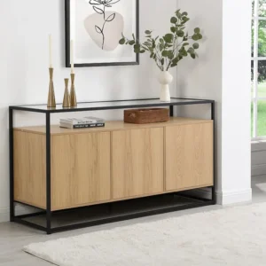 Buffetkast met 3 deurtjes van mdf, gehard glas en metaal - Licht naturel - CAMATA
