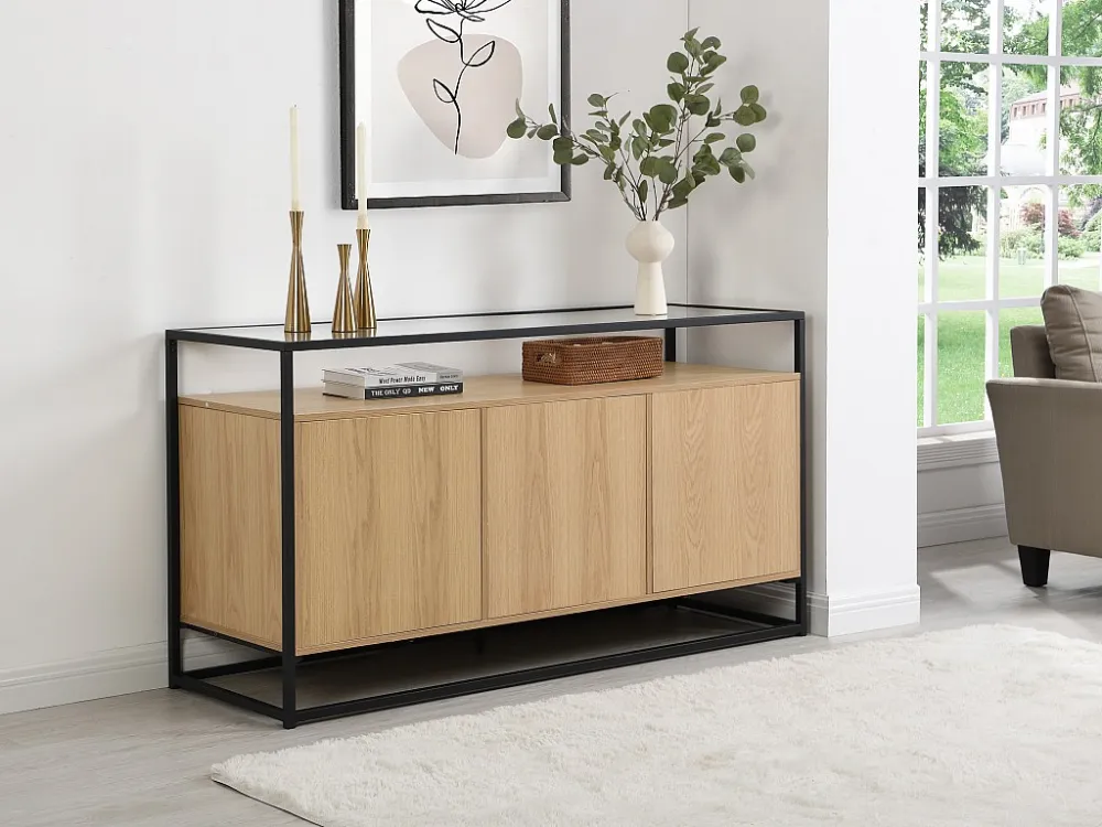 Buffetkast met 3 deurtjes van mdf, gehard glas en metaal - Licht naturel - CAMATA