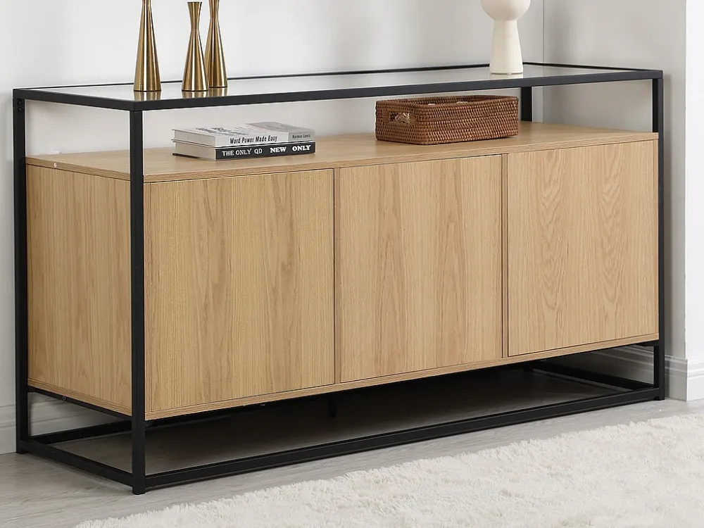 Buffetkast met 3 deurtjes van mdf, gehard glas en metaal - Licht naturel - CAMATA