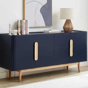 Buffetkast met 4 deurtjes van mdf en hevea - Blauw en licht naturel - DUNELON