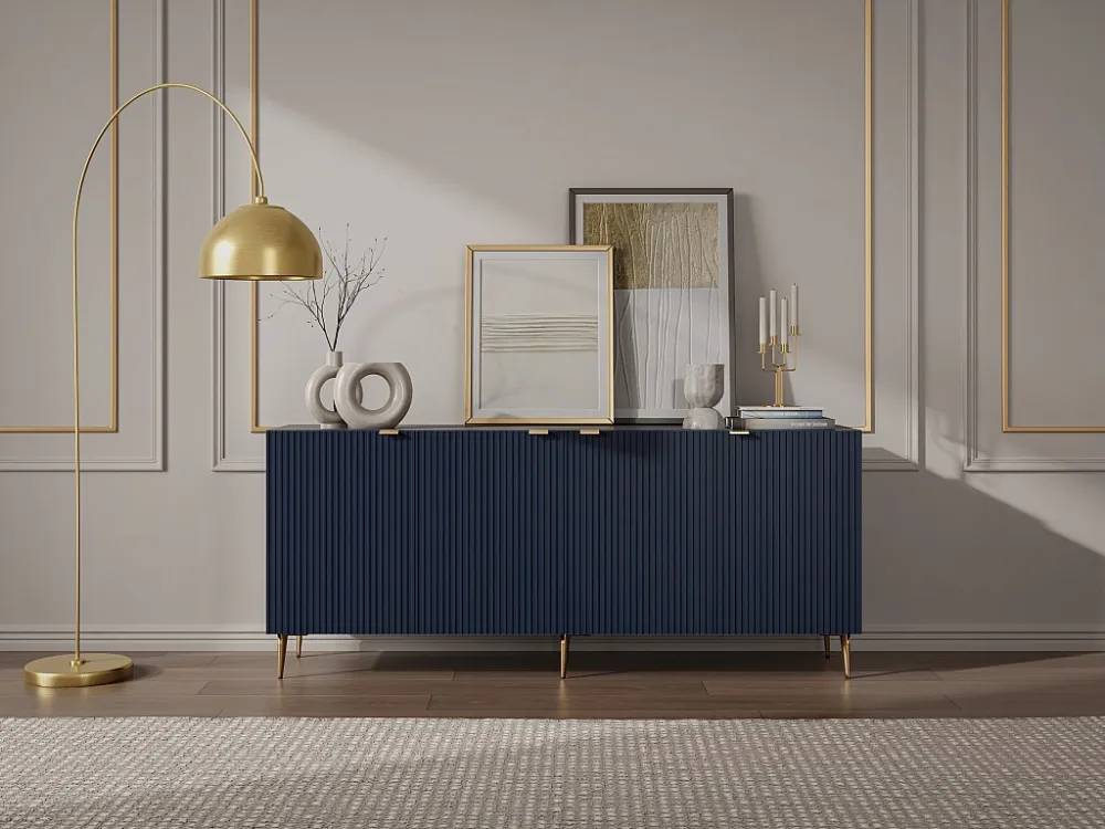 Buffetkast met 4 deurtjes van mdf en staal - Blauw en goudkleurig - YESINIA