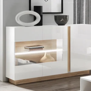 Buffetkast MURARI - 3 deuren - met ledverlichting - Hoogglans wit en eiken - Koop nu