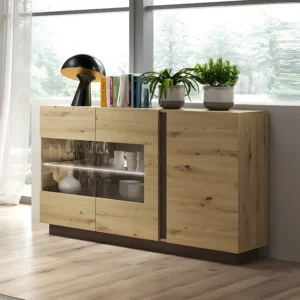 Buffetkast MURARI - 3 deuren - met ledverlichting - Taupe en eiken - Koop nu goedkoop