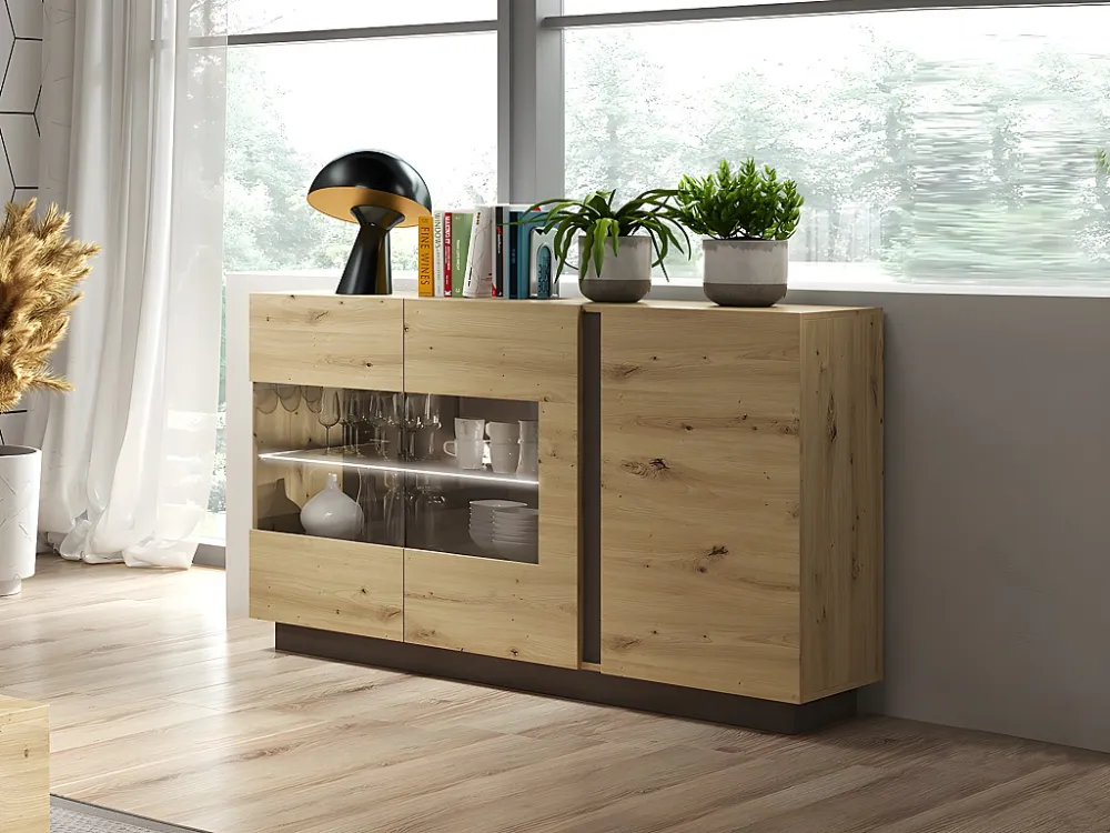 Buffetkast MURARI - 3 deuren - met ledverlichting - Taupe en eiken - Koop nu goedkoop