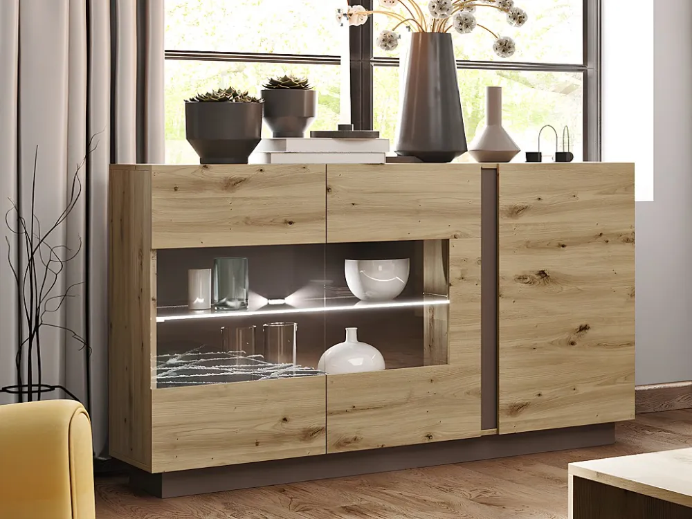 Buffetkast MURARI - 3 deuren - met ledverlichting - Taupe en eiken - Koop nu goedkoop