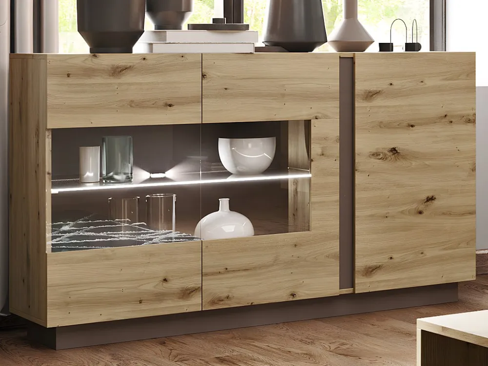 Buffetkast MURARI - 3 deuren - met ledverlichting - Taupe en eiken - Koop nu goedkoop
