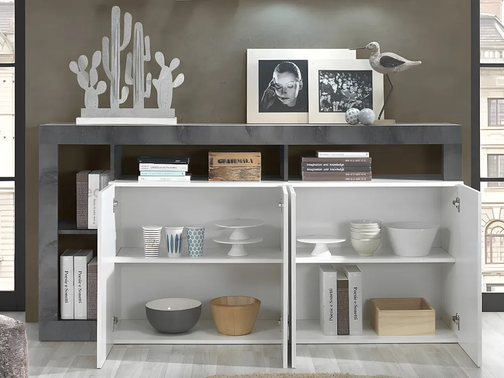 Buffetkast SEFRO - 4 deuren en 4 nissen - Witgelakt en betonkleur - Koop nu online