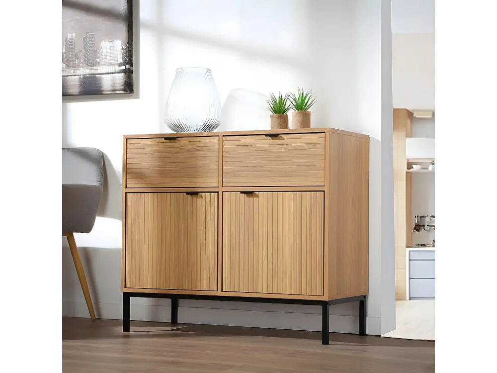 Ladekast 2 Deuren 2 Lades - Houteffect - L90 x H79 cm Calicosy