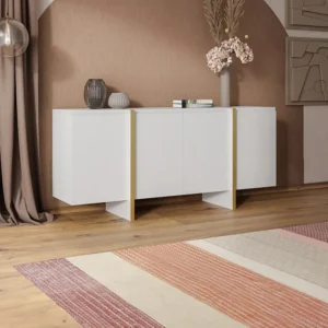 Hangend tv-meubel met 4 deuren van mdf - Wit en goudkleurig - LUVONIA