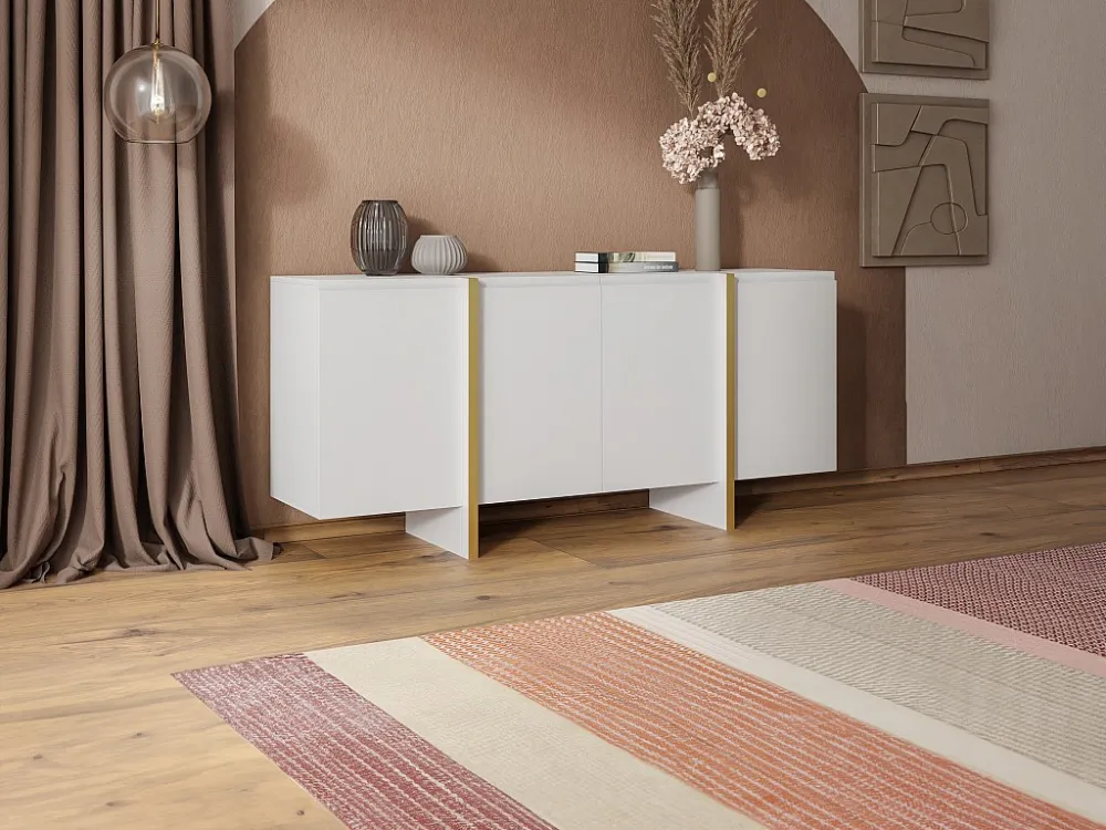 Hangend tv-meubel met 4 deuren van mdf - Wit en goudkleurig - LUVONIA