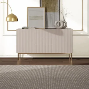 Hoge buffetkast met 2 deuren en 3 lades van mdf en staal - Beige en goudkleurig - EVILANA