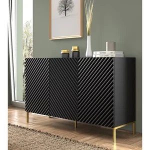 Commode SURF 150 cm 3D gefreesd zwart mat metalen poten goudkleur Homlando