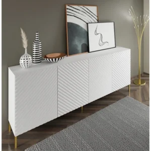Commode SURF 200 cm 4D gefreesd wit mat metalen poten goudkleur Homlando