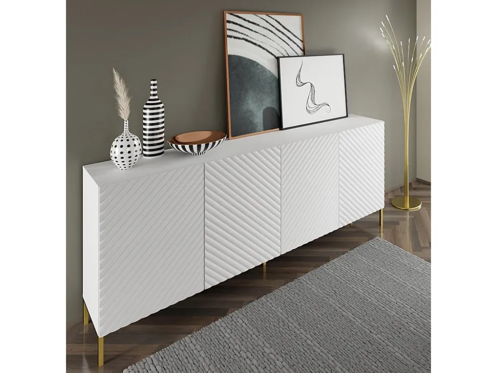 Commode SURF 200 cm 4D gefreesd wit mat metalen poten goudkleur Homlando