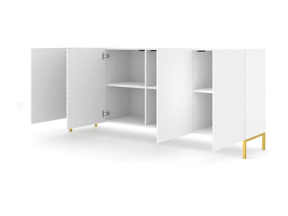 Commode SURF 200 cm 4D gefreesd wit mat metalen poten goudkleur Homlando