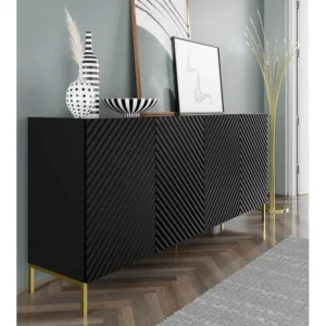 Commode SURF 200 cm 4D gefreesd zwart mat metalen poten goudkleur Homlando