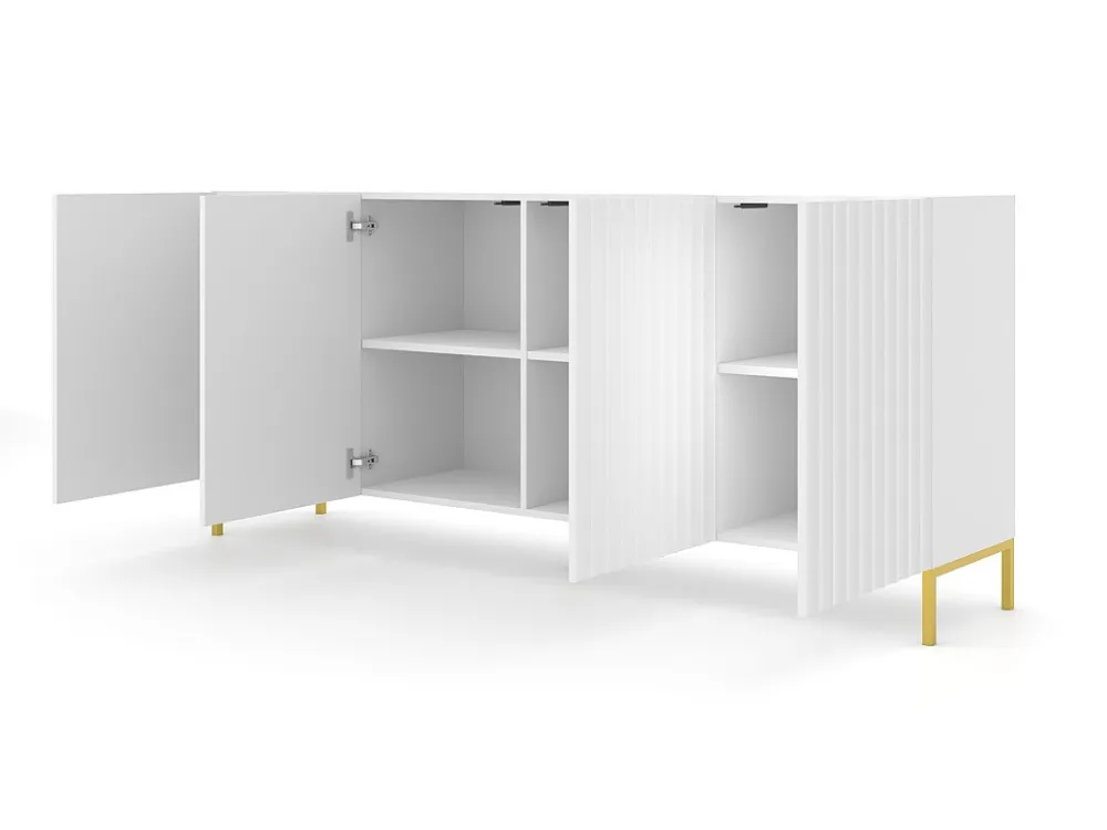 Commode WAVE 200 cm 4D gefreesd wit mat metalen poten goudkleur Homlando