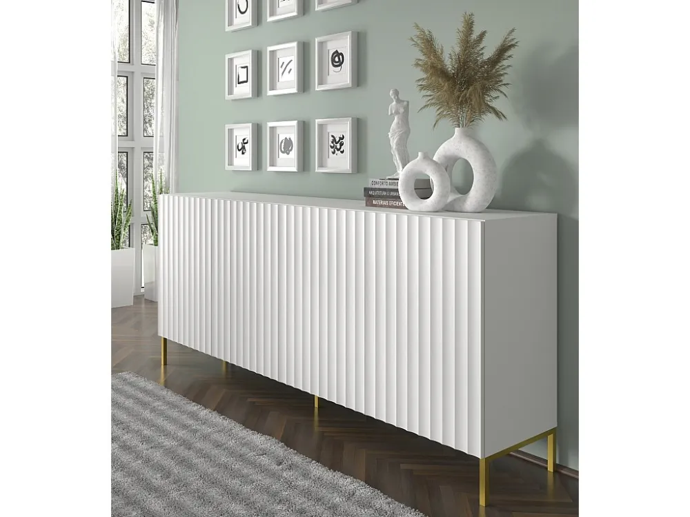 Commode WAVE 200 cm 4D gefreesd wit mat metalen poten goudkleur Homlando