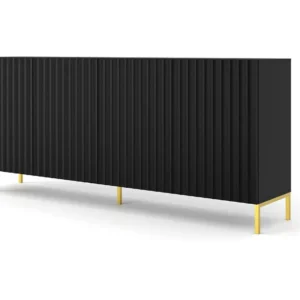 Commode WAVE 200 cm 4D gefreesd zwart mat metalen poten goudkleur Homlando