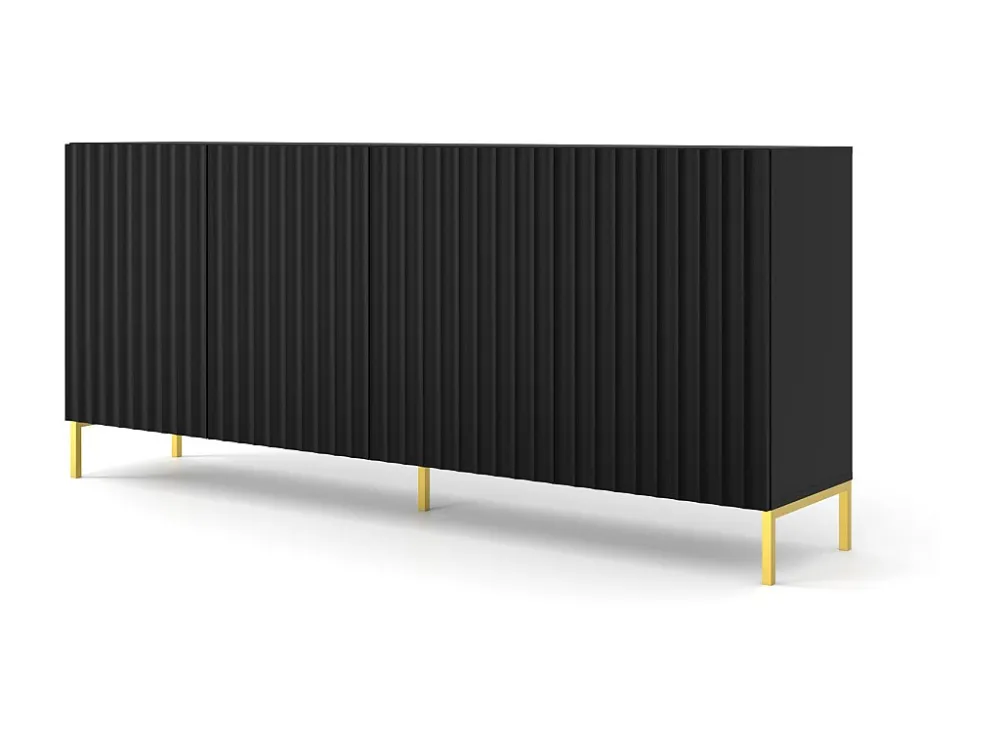 Commode WAVE 200 cm 4D gefreesd zwart mat metalen poten goudkleur Homlando