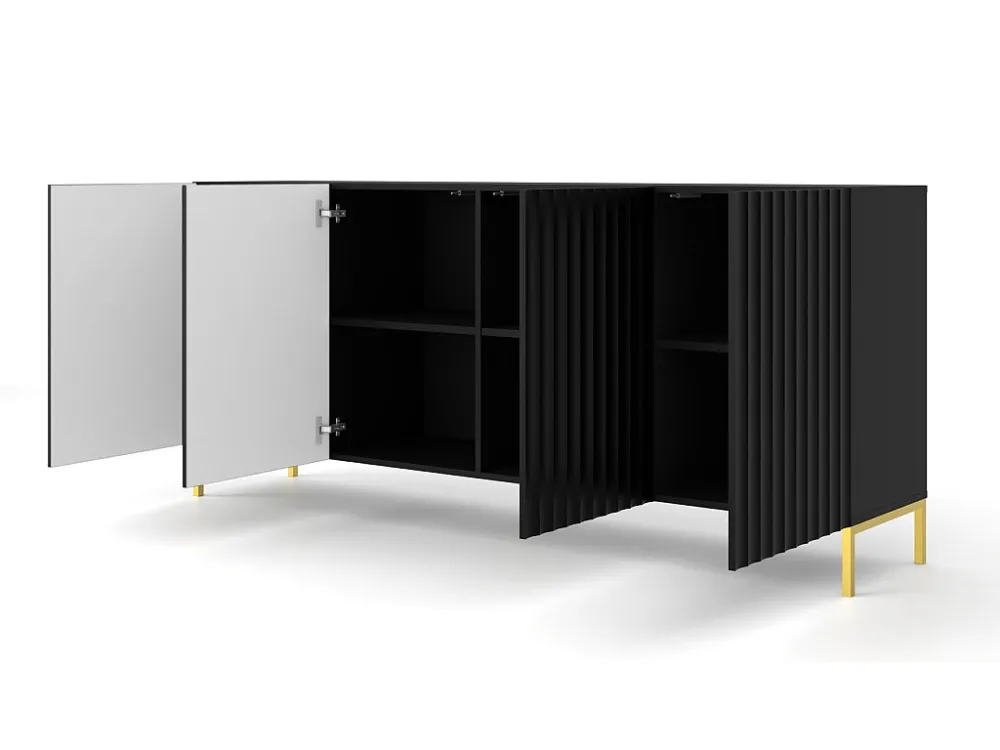 Commode WAVE 200 cm 4D gefreesd zwart mat metalen poten goudkleur Homlando