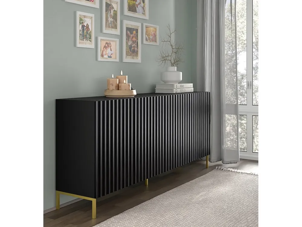 Commode WAVE 200 cm 4D gefreesd zwart mat metalen poten goudkleur Homlando