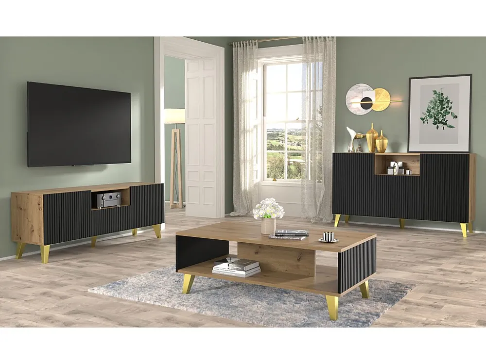 Ladenkast RAVENNA B 150 cm 2D1DM artisan eiken / mat zwart + gouden poten Homlando
