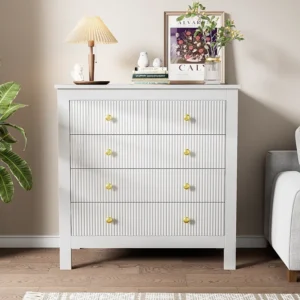 Dressoir, ladekast met 5 laden - Gouden handgrepen - 79 x 38,5 x 80,5 cm - Spaanplaat - Wit Merax
