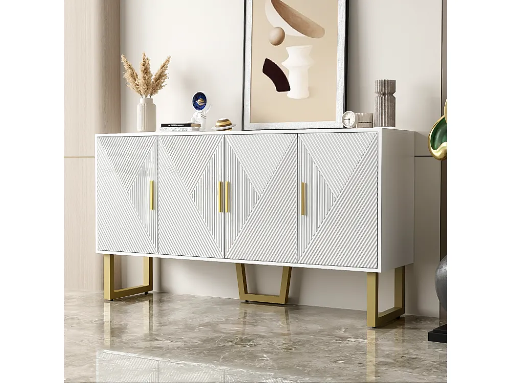 Dressoir met 4 deuren - 150 x 40 x 82 cm - MDF, spaanplaat en metaal - Wit en goud Merax