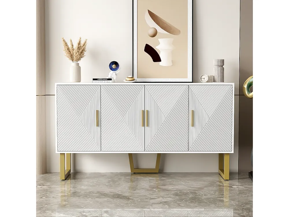 Dressoir met 4 deuren - 150 x 40 x 82 cm - MDF, spaanplaat en metaal - Wit en goud Merax