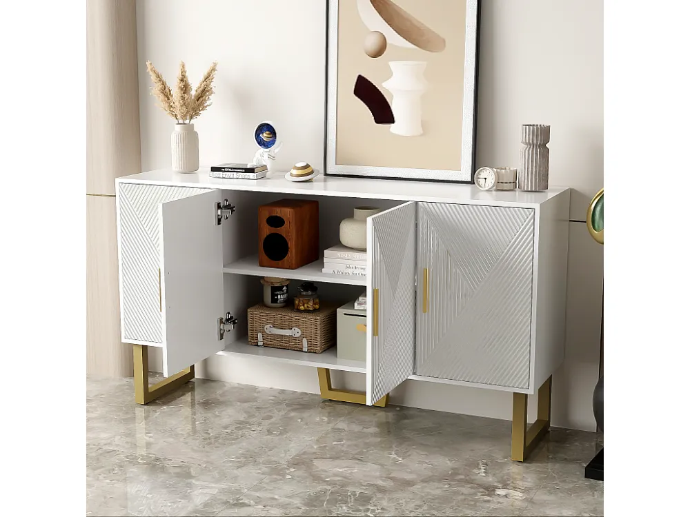 Dressoir met 4 deuren - 150 x 40 x 82 cm - MDF, spaanplaat en metaal - Wit en goud Merax