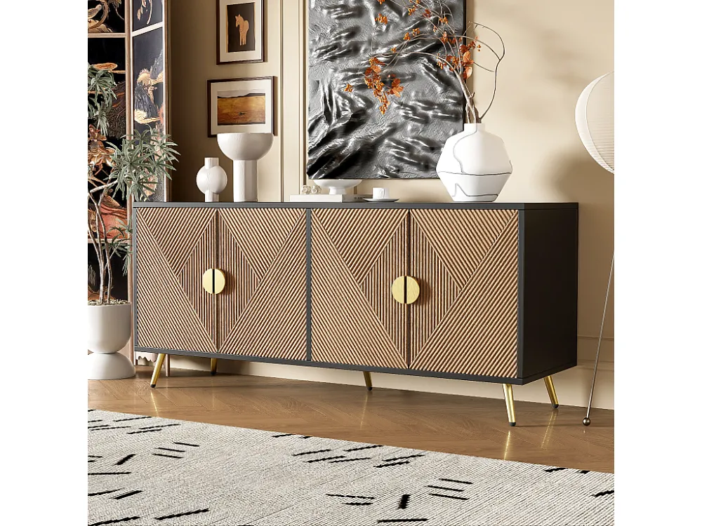 Dressoir met 4 deuren - 160 x 40 x 75 cm - MDF en spaanplaat - Zwart en naturel Merax