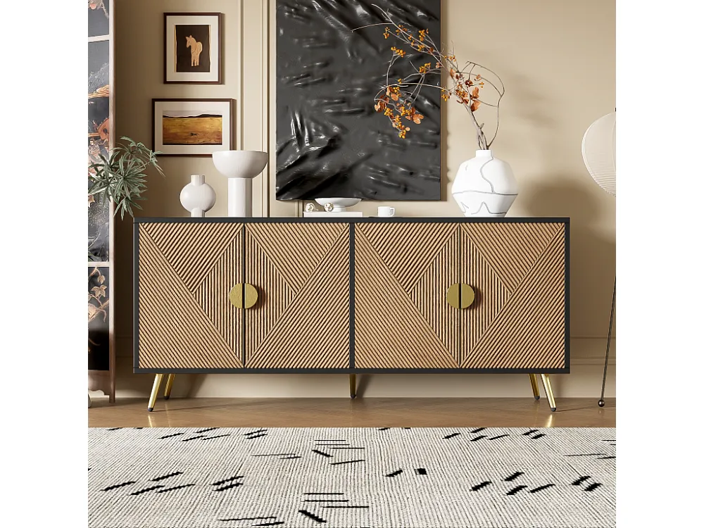 Dressoir met 4 deuren - 160 x 40 x 75 cm - MDF en spaanplaat - Zwart en naturel Merax
