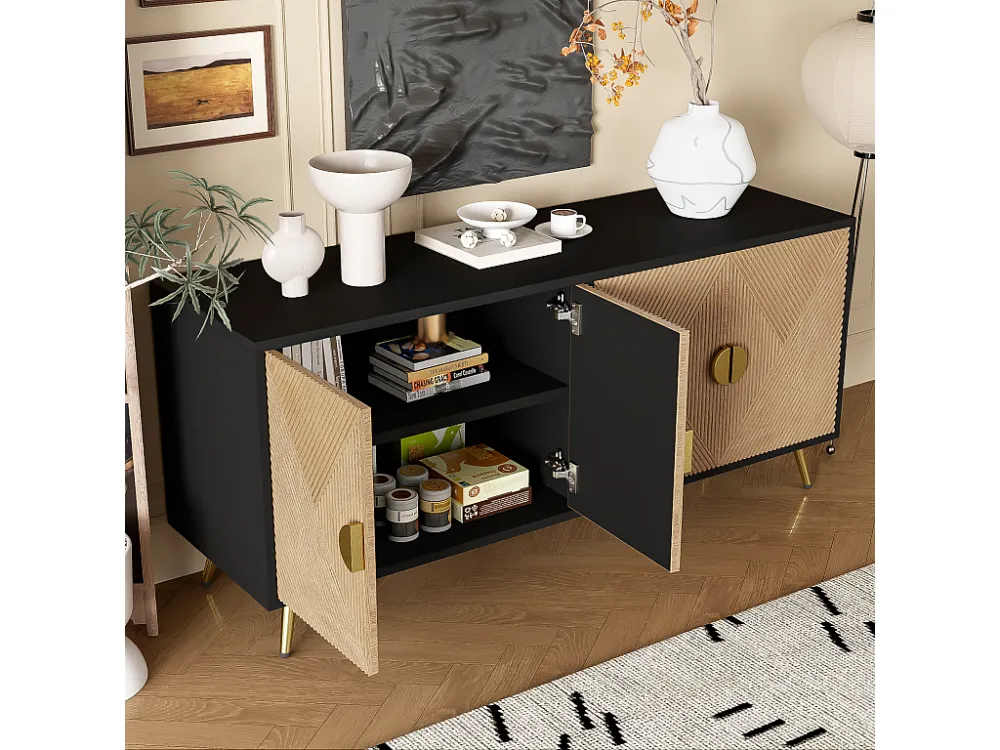 Dressoir met 4 deuren - 160 x 40 x 75 cm - MDF en spaanplaat - Zwart en naturel Merax