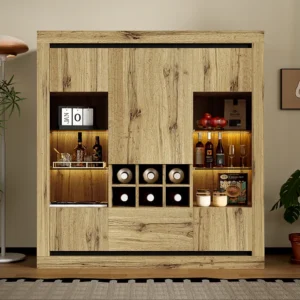 Dressoir met 5 deuren, 1 lade en wijnrek voor 6 flessen - 110 x 38 x 115 cm - glas- en spaanplaatplanken - LED - naturel M...