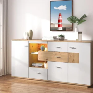 Dressoir met 2 deuren en 4 laden - glazen plank - LED's - kleuren: wit en eiken - 160x40x77cm Merax