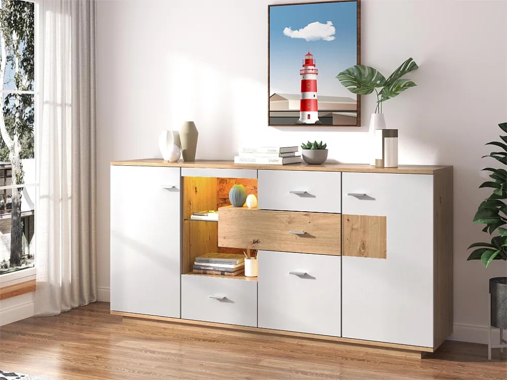 Dressoir met 2 deuren en 4 laden - glazen plank - LED's - kleuren: wit en eiken - 160x40x77cm Merax