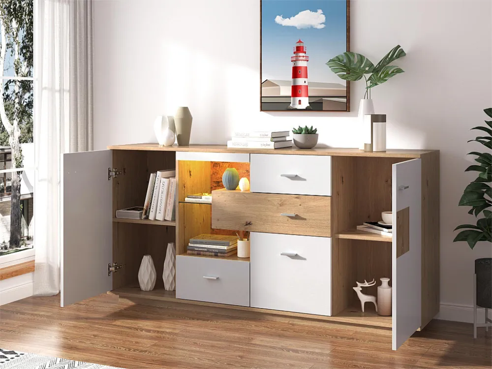 Dressoir met 2 deuren en 4 laden - glazen plank - LED's - kleuren: wit en eiken - 160x40x77cm Merax