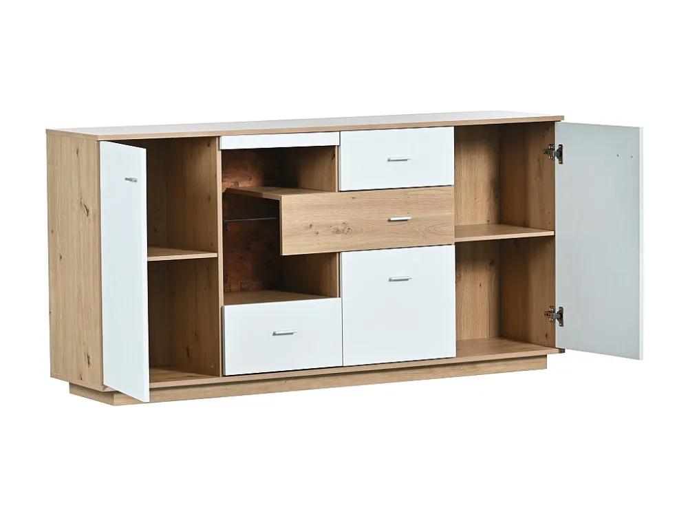 Dressoir met 2 deuren en 4 laden - glazen plank - LED's - kleuren: wit en eiken - 160x40x77cm Merax