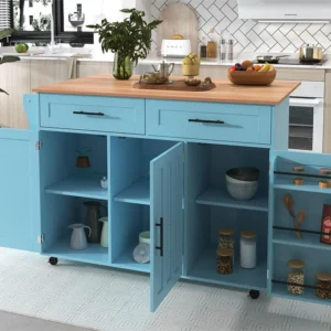 Dressoir met 3 deuren en 2 laden - massief houten nerf verlengpaneel - 5 wielen / massief houten poten - blauw Merax