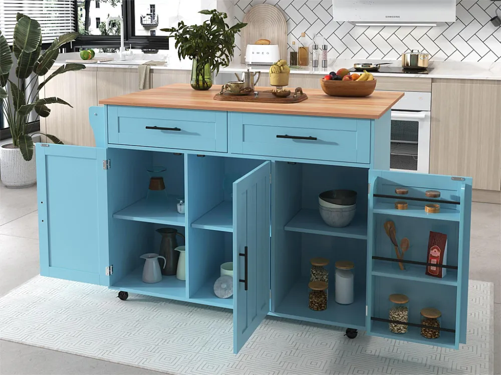 Dressoir met 3 deuren en 2 laden - massief houten nerf verlengpaneel - 5 wielen / massief houten poten - blauw Merax
