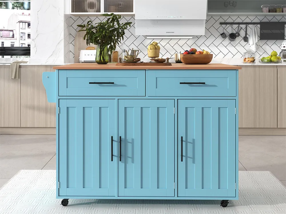 Dressoir met 3 deuren en 2 laden - massief houten nerf verlengpaneel - 5 wielen / massief houten poten - blauw Merax