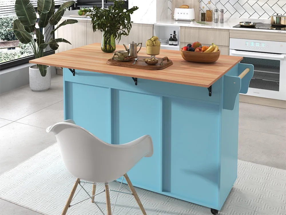 Dressoir met 3 deuren en 2 laden - massief houten nerf verlengpaneel - 5 wielen / massief houten poten - blauw Merax