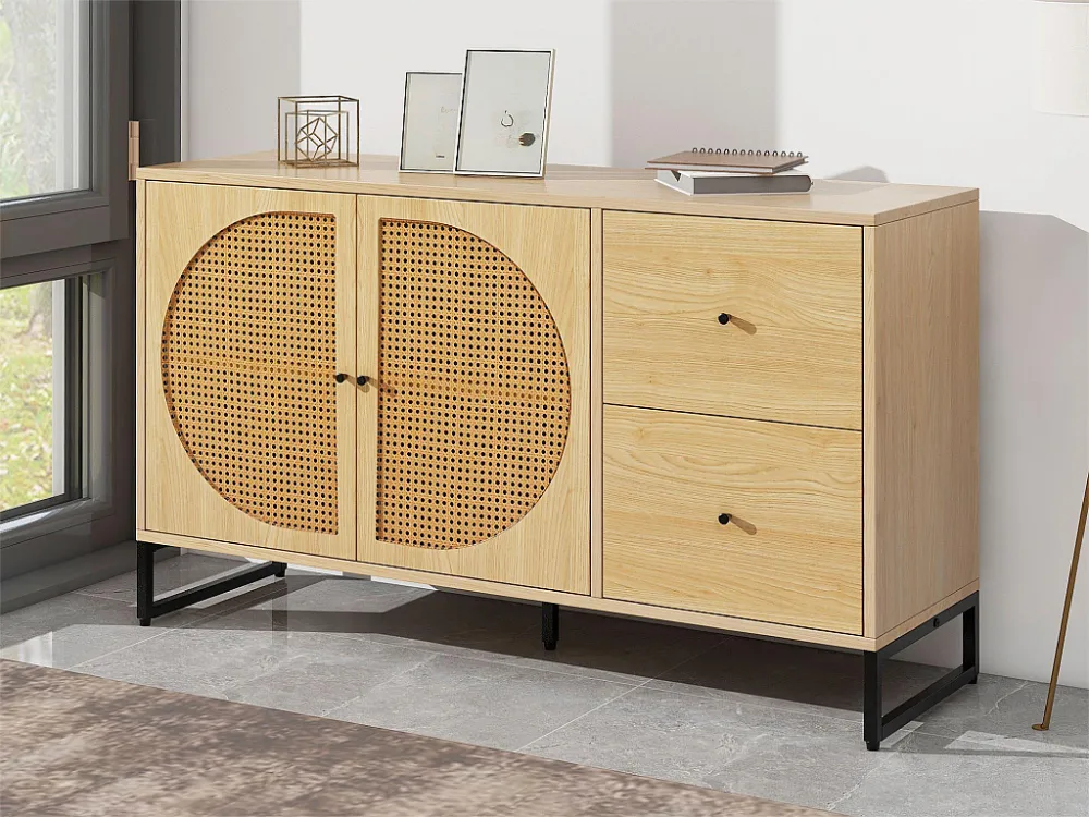 Dressoir met 2 deuren en 2 laden spaanpanelen - rotaneffect - eikenkleur Merax