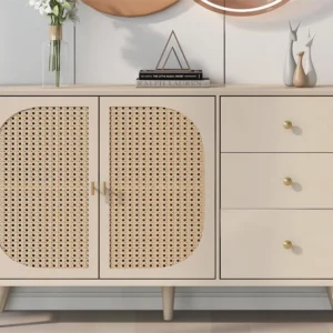 Dressoir met 2 deuren en 3 laden spaanpanelen - rotaneffect - witte crèmekleur Merax