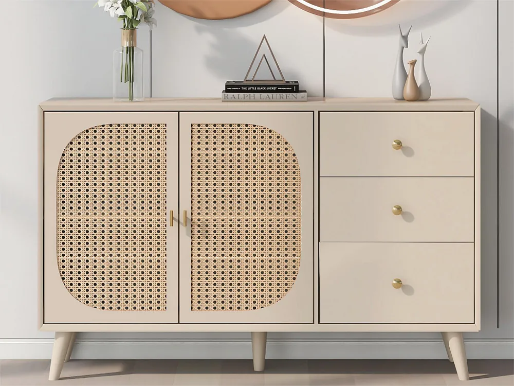 Dressoir met 2 deuren en 3 laden spaanpanelen - rotaneffect - witte crèmekleur Merax