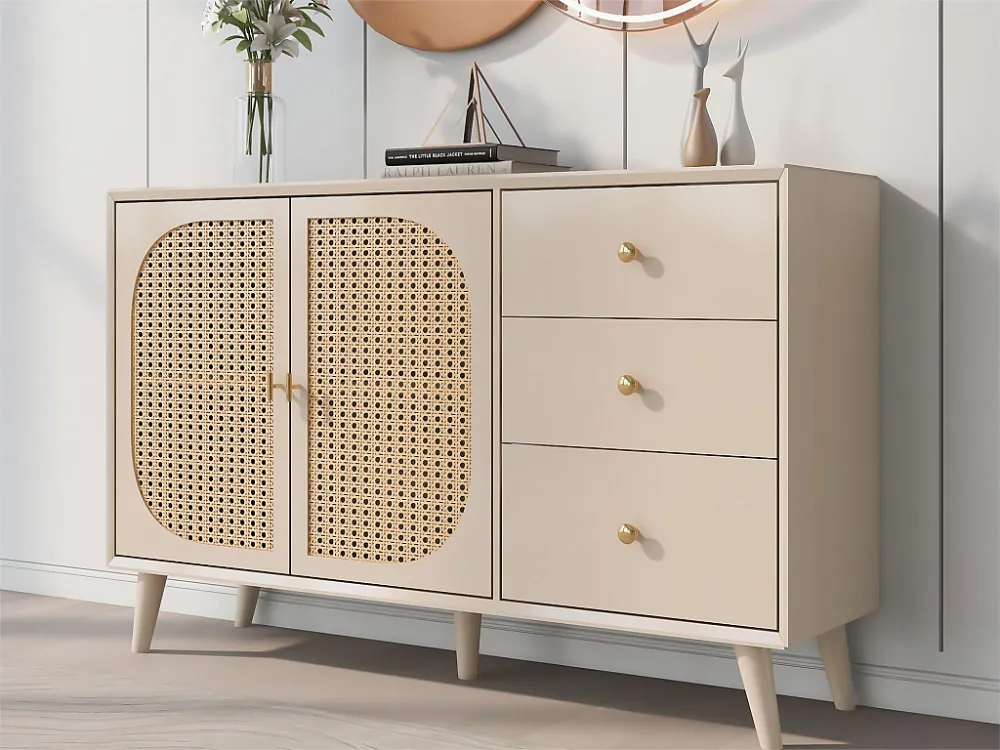 Dressoir met 2 deuren en 3 laden spaanpanelen - rotaneffect - witte crèmekleur Merax