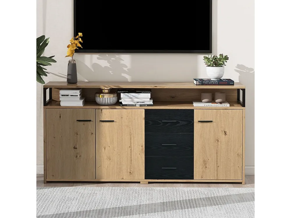 Dressoir met 3 deuren en 3 laden - spaanplaat - kleur naturel en zwart Merax