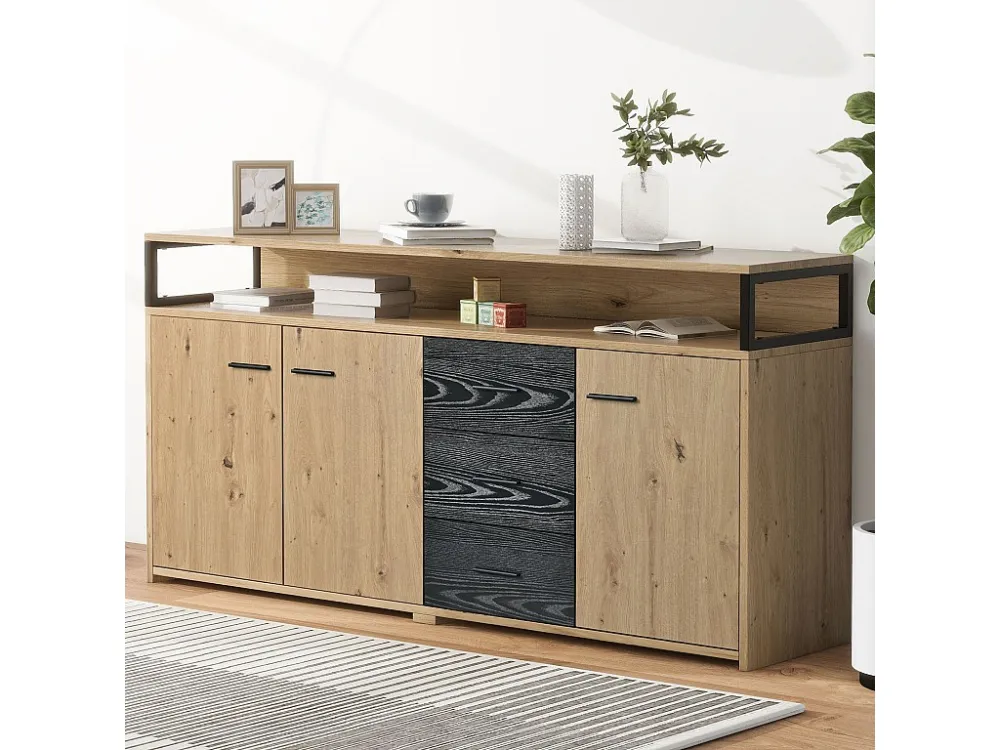 Dressoir met 3 deuren en 3 laden - spaanplaat - kleur naturel en zwart Merax