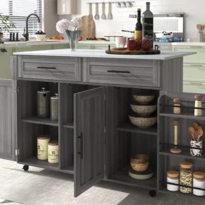 Dressoir met 3 deuren en 2 laden - wit marmeren verlengpaneel - 5 wielen / massief houten poten - grijs Merax